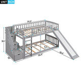RuiSiSi Twin Bunk Bed with Slide and Stairs, Wood Low Bunk Bed Frame with Storage Stairs & Safety Guard Rails, Space-Saving Floor Bunk Beds for Kids Boys Girls, Grey RuiSiSi