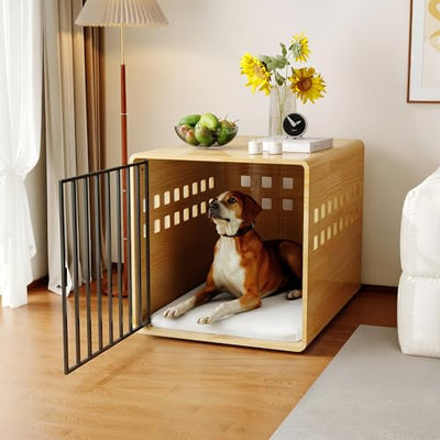 Timechee Wooden Furniture Dog Crate for Medium & Small, Solid Wood Puppy Crates for Small Indoor, Decorative Dog Kennel Indoor with Door, Pet House End Table for Bedroom, Living Room, Natural