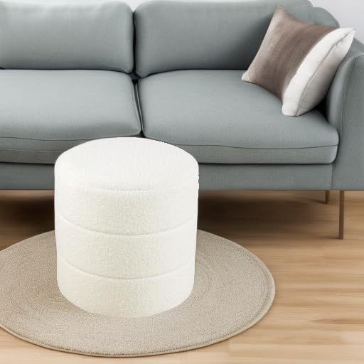HomePop Upholstered Round Ottoman Home Décor|Foot Rest Ottoman - Cream Boucle 17.5 * 17.5 inch HomePop