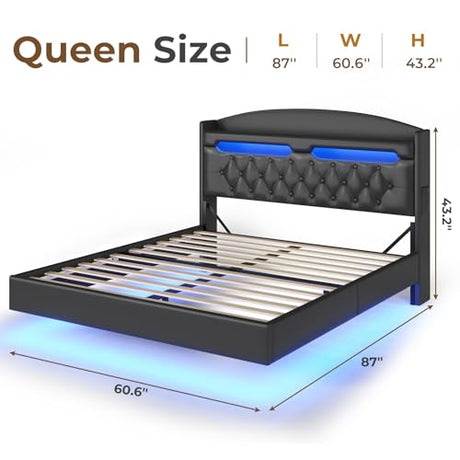 ADORNEVE Floating Bed Frame Queen with Hidden Storage Headboard, Floating LED Bed Frame with Charging Station, Upholstered Leather Platform Bed with Storage, No Box Spring Needed, Black ADORNEVE
