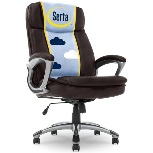 Serta Fairbanks Big & Tall Executive Office Chair, Ergonomic Comfy High-Back ComputerChairs with Lumbar Support, Semi-Plush Seat Cushion, Padded Armrests, Nylon Swivel Base, Bonded Leather, Brown Serta