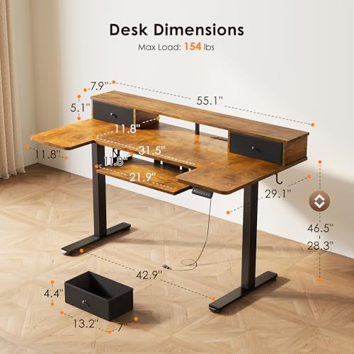 OffiGo U Shaped Electric Standing Desk with Drawers, 55 Inch Height Adjustable Desk with Keyboard Tray ＆ Ergonomic Monitor Stand, Sit Stand Table with Power Outlets for Home, Office, Rustic Brown OffiGo