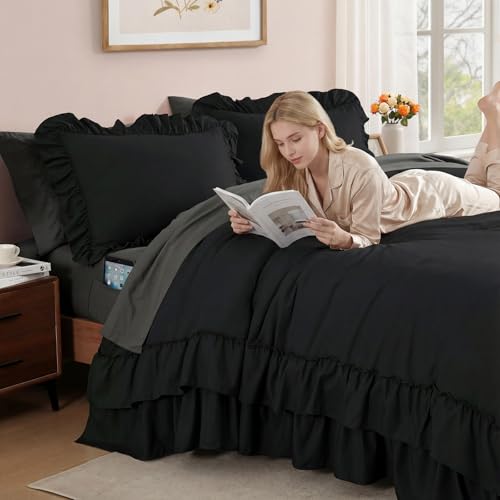 AMBERSPACE Queen Comforter Set Black, Ruffle Shabby Chic Bedding Set Farmhouse 7 Pieces, All Season Fluffy Bed in a Bag with Sheets, Pillowcases & Shams AMBERSPACE