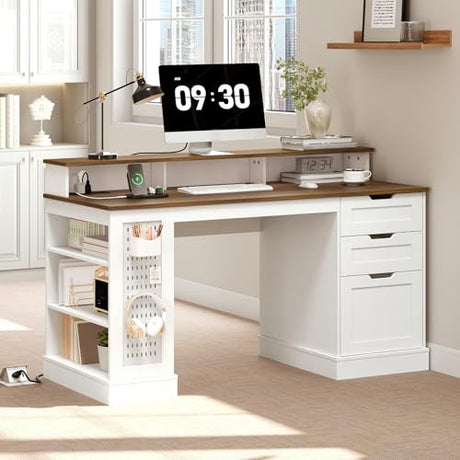 STHYTON 55inch Farmhouse Executive Desk with 2 Drawers and File Cabinet, Computer Desk with 3-Tier Storage Shelves, Home Office Desk with Charging Station, Pegboard and Monitor Shelf, White and Walnut STHYTON