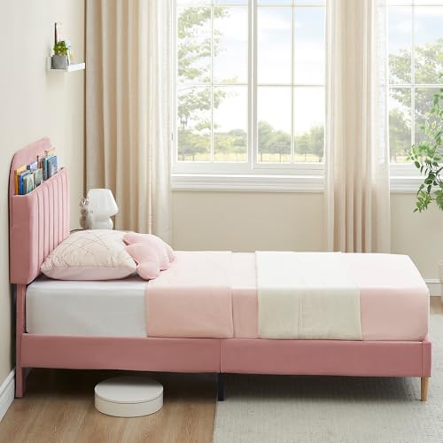 IDEALHOUSE Twin Bed Frames, Upholstered Platform Bed Frame with Bookcase Headboard, Velvet Platform Bed Mattress Foundation, Heavy Duty Steel Support Legs, Easy Assembly, Noise Free, Light Pink