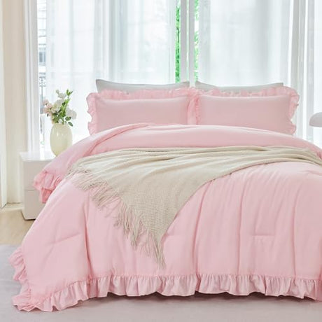 ANGIYUIN 5 Pieces Pink Twin Size Comforter Set for Girls Ruffled Kids Bed in A Bag with Sheet Sets Farmhouse Shabby Bedding Sets with Ruffle Soft Fluffy Bed Sets (Pink Twin) ANGIYUIN