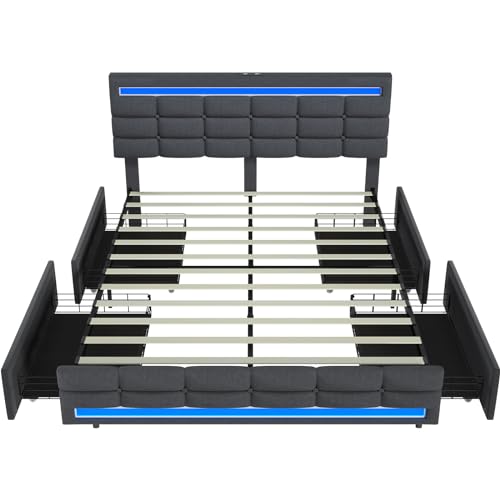 ADORNEVE Dark Grey Queen LED Bed Frame with 4 Drawers & USB Charging Station - WoodArtSupply