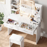 GAOMON Makeup Vanity Desk with Lights and Mirror, Vanity Table with 3 Lighting Modes, Storage Drawer, Shelves, Charging Station and Included Stool for Bedroom, Marble White GAOMON