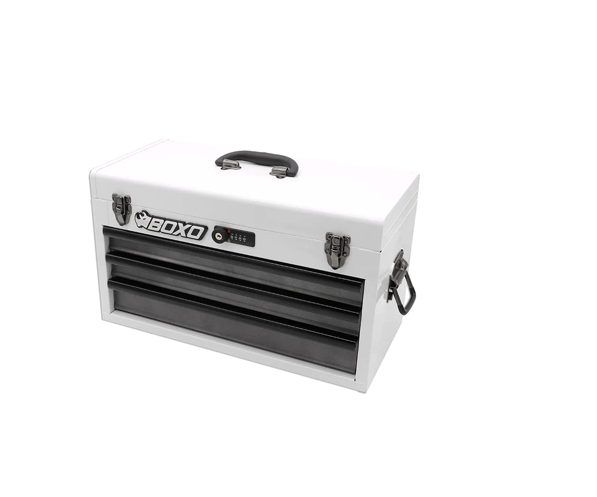 Boxo USA Hand Carry Tool Box 3-Drawer Heavy Duty Steel Toolbox with Lock System (White) BOXO