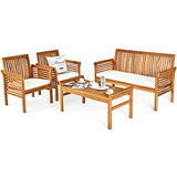 Tangkula 4 Piece Outdoor Acacia Wood Sofa Set with Water Resistant Cushions, Padded Patio Conversation Table Chair Set w/Coffee Table for Garden, Backyard, Poolside (1) Tangkula