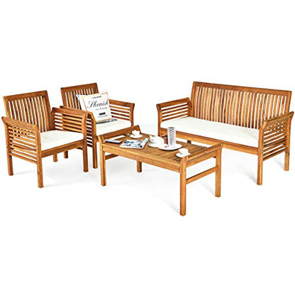 Tangkula 4 Piece Outdoor Acacia Wood Sofa Set with Water Resistant Cushions, Padded Patio Conversation Table Chair Set w/Coffee Table for Garden, Backyard, Poolside (1) - WoodArtSupply