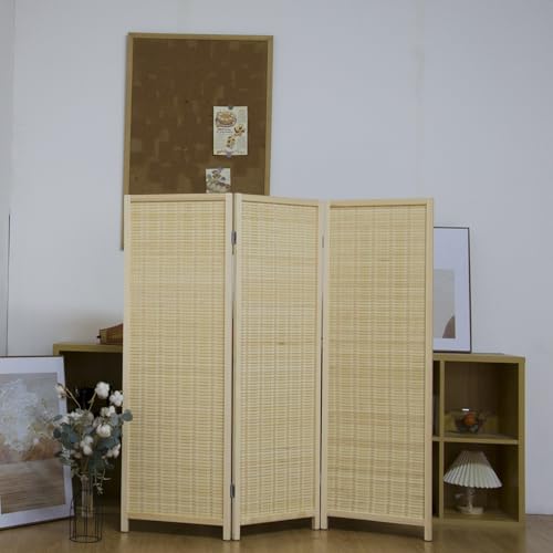 Pawlabay 3 Panel Short Panel Divider Screen,3.95 FT Tall Bamboo Room Divider Folding Privacy Screen,Short Panel Divider Freestanding Room Divider for Room Seperation,Beige PawlaBay