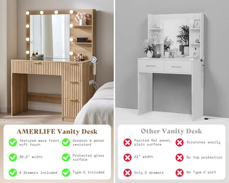 AMERLIFE 36.2" Fluted Vanity Desk with Mirror and Adjustable LED Lights, Large 4 Drawers Makeup Table with Glass Top and Charging Station for Women and Girls, Bedroom or Dorm, Natural Oak AMERLIFE