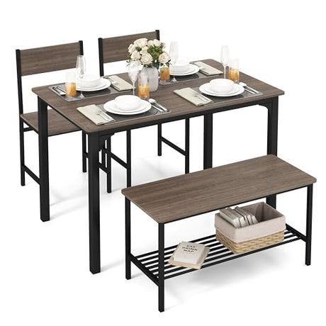 Tangkula Dining Table Set for 4, Kitchen Table and 2 Chairs for 4 with Bench, 4 Piece Dining Table Set for Small Space, Apartment Tangkula