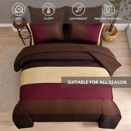 Anibedding Red and Brown Comforter Set King Size, Boho Burgundy Striped Bedding Comforter Set 7 Piece Bed in a Bag, Soft Microfiber Down Alternative Farmhouse Bedding Set for All Season(104"x90") Anibedding