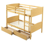 AMERLIFE Twin Over Twin Bunk Bed with Storage Drawers, Solid Rubberwood 2-in-1 Convertible Loft Beds with Ladders, Modern Detachable Bed Frame for Kids and Teens Bedroom, Natural Wood AMERLIFE
