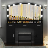 usikey Makeup Vanity with Lights, Vanity Desk, Makeup Vanity Table with 3 Drawers, 2 Cabinets & Long Storage Shelf, 10 Led Lights, Dressing Vanity Table with Stool, for Women, Girls, Bedroom, Black usikey