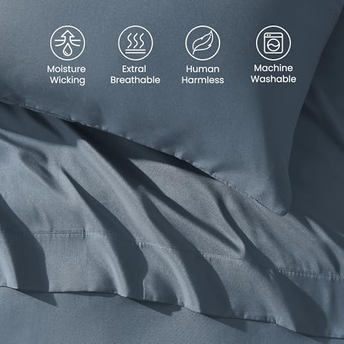 SLEEP ZONE Nanotex Super Soft Cooling Full Size Bed Sheets Set 4 Piece - Easy Care Fitted Flat Sheet & Pillowcase Sets - Wrinkle Free, Fade Resistant, Deep Pocket 16" (Flint Blue, Full) SLEEP ZONE