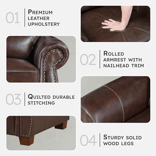 Lexicon Push Back Reclining Chair, Top Grain Leather Match Push Back Recliner Chair with Nailhead Trim, Rolled Arms, Solid Wood Legs, for Living Room/Apartment/Office, Easy Assembly, Brown