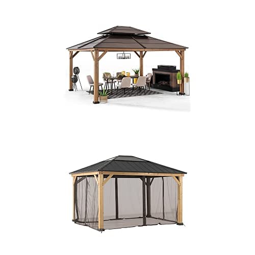 Sunjoy 13' X 15' Wood Gazebo with Brown Double Steel Hardtop Roof +Sunjoy Universal Mosquito Netting for 13 × 15 ft. Wood Gazebo, Khaki - WoodArtSupply