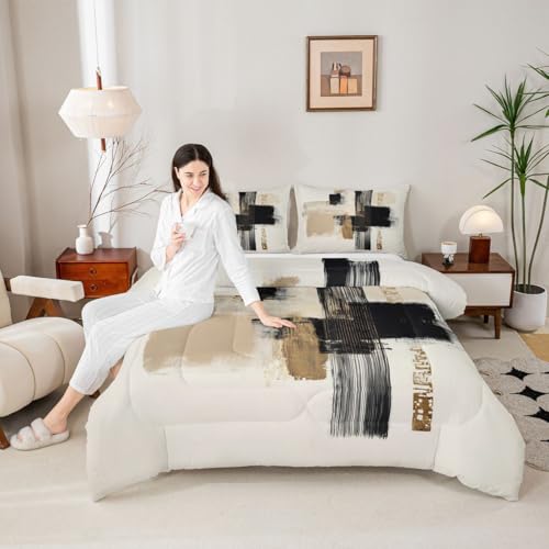 Feelyou Black Gold Comforter Set All Season Modern Minimalist Bedding Set with 2 Pillow Cases Geometric Line Microfiber Kids King Bedclothes Bedroom Decor Duvet Quilt Breathable Soft Lightweight Feelyou