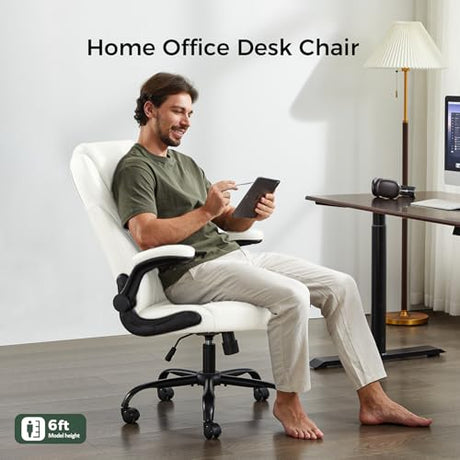 amseatec Office Chair, Executive PU Leather Chair Home Office Desk Chairs, Ergonomic Computer Desk Chair with Adjustable Flip-Up Arms, Lumbar Support Swivel Task Chair with Rocking Function (White) amseatec