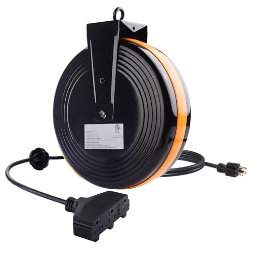 [ETL Listed] Cable Matters 35 ft 3-Outlet Retractable Extension Cord Reel (SJTW 16 AWG, 10A / 1250W) with Mounting Point in Black - WoodArtSupply