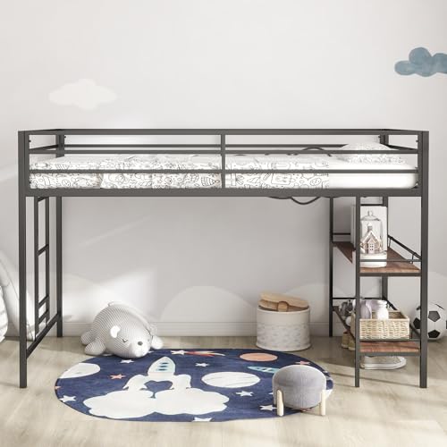 LOPOO Twin Loft Bunk Bed with Cinnamon Wood Shelf and Black Metal Frame - Stylish Space-Saving Solution for Kids LOPOO