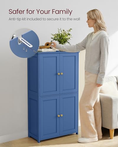 VASAGLE Floor Storage Cabinet, Shaker Cabinet with 2 Adjustable Shelves, 4 Doors, Tall Freestanding Organizer Unit, for Kitchen Bathroom Living Room, Bijou Blue UBBC553QE01S VASAGLE