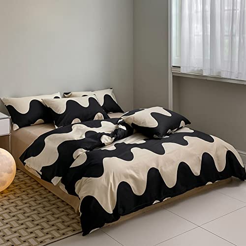 LAYENJOY Geometric Duvet Cover Set Twin, 100% Cotton Bedding, Cream White Black Cows Pattern Printed, Modern Comforter Cover for Single Bed, 3 Piece No Comforter LAYENJOY