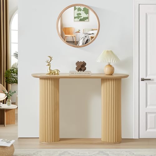 AVZEAR Fluted Entryway Console Table with Storage Shelf, Oval Curved Couch Table Behind Sofa Modern Boho Console Tables Long and Skinny for Living Room Hallway Entrance Foyer, Nature Color AVZEAR
