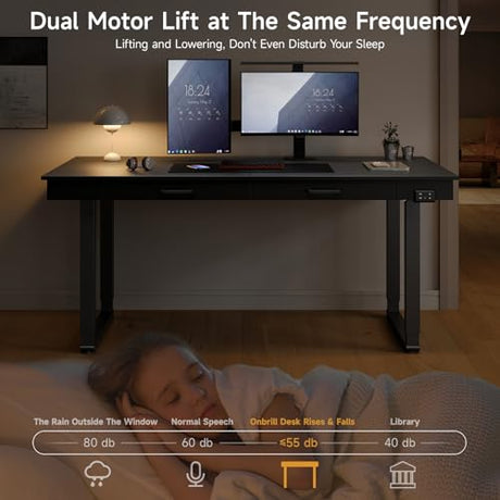 ONBRILL Standing Desk with Drawers, 63x26 Inches Rectangle Electric Stand Up Desk with Dual Motor and Memory Preset, Adjustable Height from 28-46 Inch for Home & Computer Workstation, Black ONBRILL