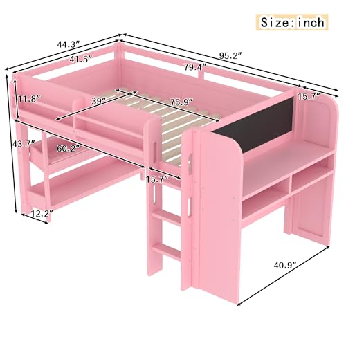 Bellemave Twin Loft Bed with Storage Boxes and Bookshelves, Solid Wood Kids Loft Bed with Desk and Blackboard, Low Loft Beds Frame for Kids, Girls, Boys, Childlike Design, Pink Bellemave