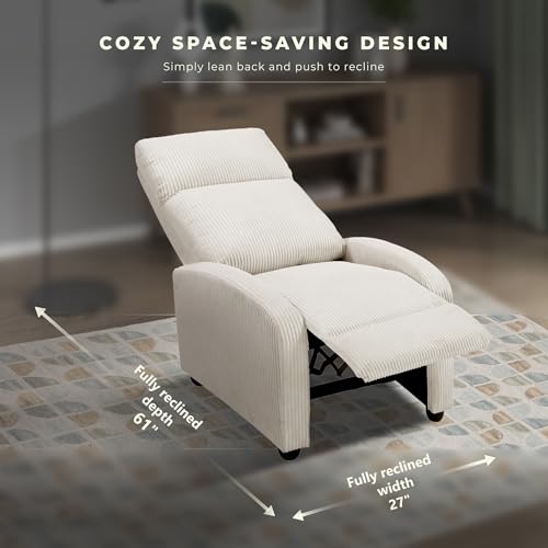 Lexicon Corduroy Pushback Recliner Chair Armchair Push Back Recliner, Solid Wood Frame and Metal Base, Easy Assembly Small Soft Single Sofa Accent Chair for Living Room/Office/Apartment, Beige