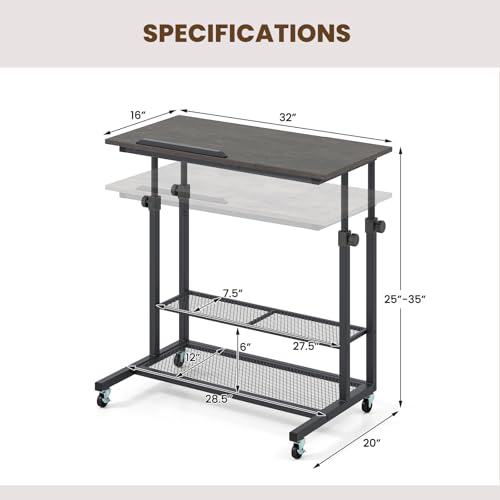 Giantex Mobile Standing Desk, Adjustable Rolling Computer Desk w/Tilting Desktop & Storage Shelves, PC Laptop Table, Small Compact Desk on Wheels for Small Space, Living Room & Bedroom (Black Oak) Giantex