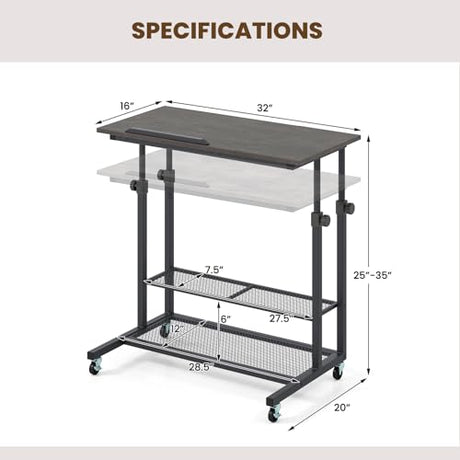 Giantex Mobile Standing Desk, Adjustable Rolling Computer Desk w/Tilting Desktop & Storage Shelves, PC Laptop Table, Small Compact Desk on Wheels for Small Space, Living Room & Bedroom (Black Oak) Giantex