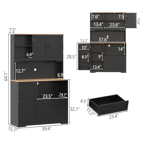 Kitchen Pantry Storage Cabinet,Freestanding Buffet Cabinet with Wine Glass Holder,Food Pantry Cabinet with Doors and Shelves,Tall Kitchen Hutch Cabinet with Microwave Stand for Kitchen (Black) Gyfimoie