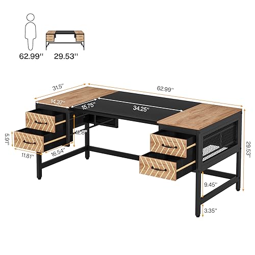 Tribesigns Computer Executive Desk with Drawers: 63" Computer Desk with 4 Storage Drawers, Wood Farmhouse Study Writing Table, Herringbone Business Furniture for Home Office - WoodArtSupply