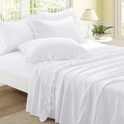 Yvrcen 4 Pieces Ruffle Full Sheet Set, White Bed Sheets Full Size, Microfiber Coquette White Sheets with 16 Inch Deep Pocket Fitted Sheet, 1 Ruffled Flat Sheet & 2 Ruffled Pillow Shams
