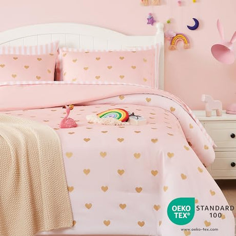 Wink Deer Twin Comforter Set with Sheets for Girls-5 Pieces Twin Bedding Sets with Pink Comforter, Sheets, Pillowcase & Sham for Kids (Pink Gold Heart, 66" X 86") Wink Deer
