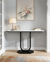 39.37'' Rectangle Narrow Console Table with Marble Top, Elegant Sofa Table Modern Entryway Tables, Round-Shaped Metal Frame, for Entry, Behind Sofa Couch, Entrance, White & Black Metal Base Cre Cra