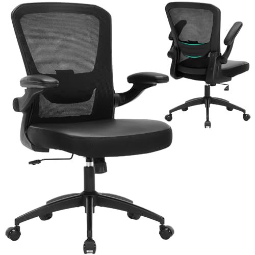 TOPBSHODC Ergonomic Office Chair 400lbs PU Leather Mesh Desk Chair with Lumbar Support, Flip-Up Arms, Swivel Wheels, Adjustable Height, Rolling Executive Computer Task Chair for Home Office,Black TOPBSHODC