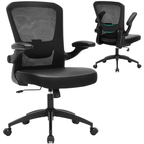 TOPBSHODC Ergonomic Office Chair 400lbs PU Leather Mesh Desk Chair with Lumbar Support, Flip-Up Arms, Swivel Wheels, Adjustable Height, Rolling Executive Computer Task Chair for Home Office,Black TOPBSHODC
