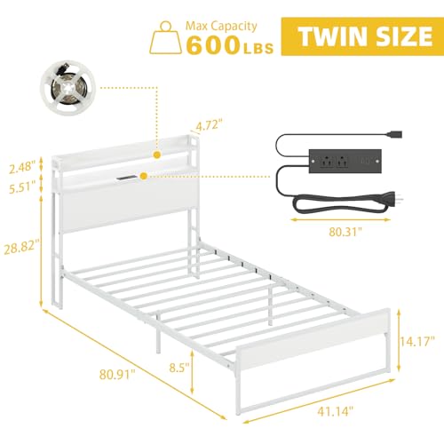 Elephance Twin Bed Frames with Charging Station and LED Lights, Metal Bed Frame with 2-Tier Storage Headboard, No Box Spring Needed, Noise Free, Easy Assembly Elephance