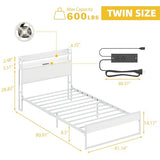 Elephance Twin Bed Frames with Charging Station and LED Lights, Metal Bed Frame with 2-Tier Storage Headboard, No Box Spring Needed, Noise Free, Easy Assembly Elephance