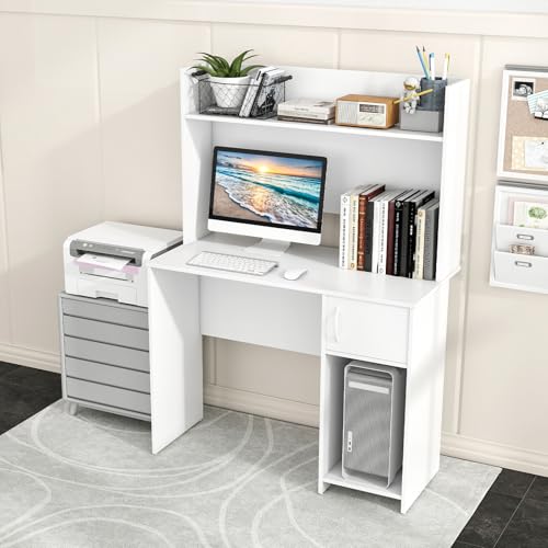 Tangkula Computer Desk with Hutch, Home Office Desk with Raised Display Shelf & 2 Open Shelves, Cabinet with Door, Cable Management Holes, Modern Laptop PC Desk, Study Writing Desk for Bedroom Tangkula