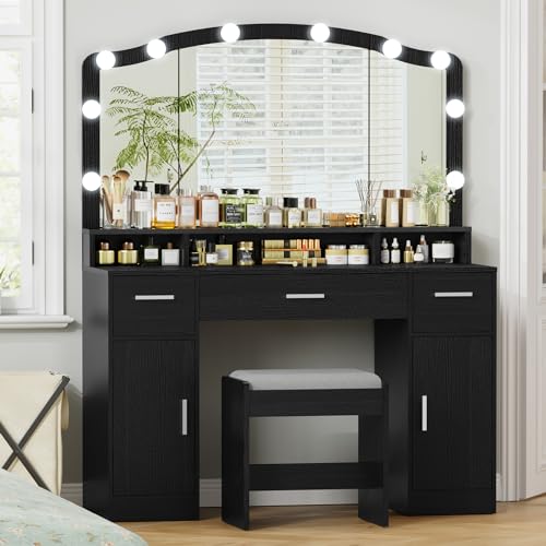 usikey Makeup Vanity with Lights, Vanity Desk, Makeup Vanity Table with 3 Drawers, 2 Cabinets & Long Storage Shelf, 10 Led Lights, Dressing Vanity Table with Stool, for Women, Girls, Bedroom, Black