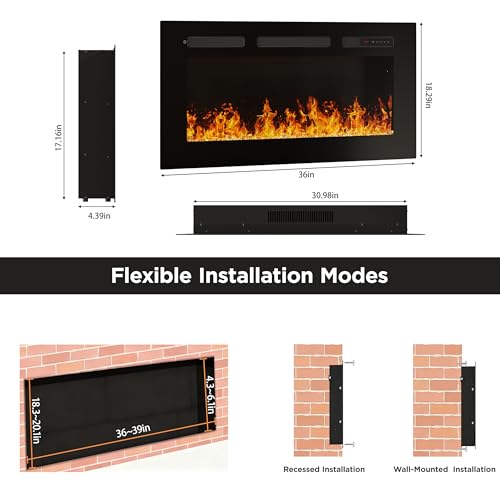 36" Electric Fireplace Insert, Wall Fireplace Electric with Remote Control, 12 Adjustable Flames, Freestanding/Wall Mounted/Recessed, 750/1500W Fireplace Insert, Timer, Ultra-Thin Design Vabches