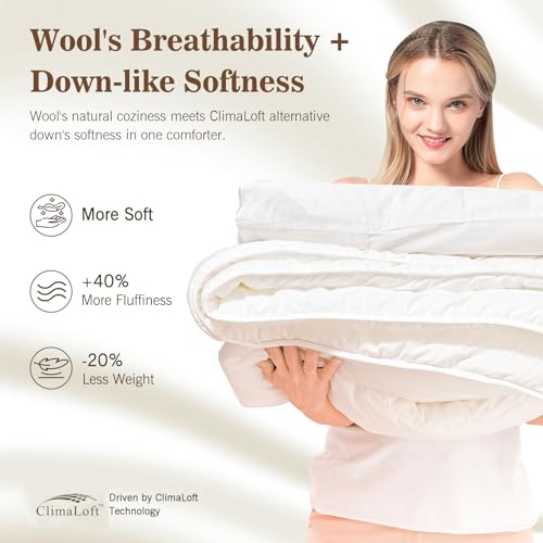 KUSNUG Climaloft Hybrid Wool Comforter Twin Size with 100% Organic Cotton, Hypoallergenic Down Alternative Luxury Duvet Insert with Tabs, Temperature Regulating All-Season Bedding, White KUSNUG