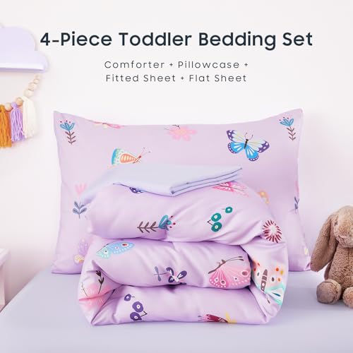 Wake In Cloud - Butterfly Toddler Bedding Set for Girls, Cute Colorful Butterfly with Floral Flowers, 4 Pieces Soft Crib Bed Set Including Comforter, Sheets and Pillowcase, Purple Wake In Cloud